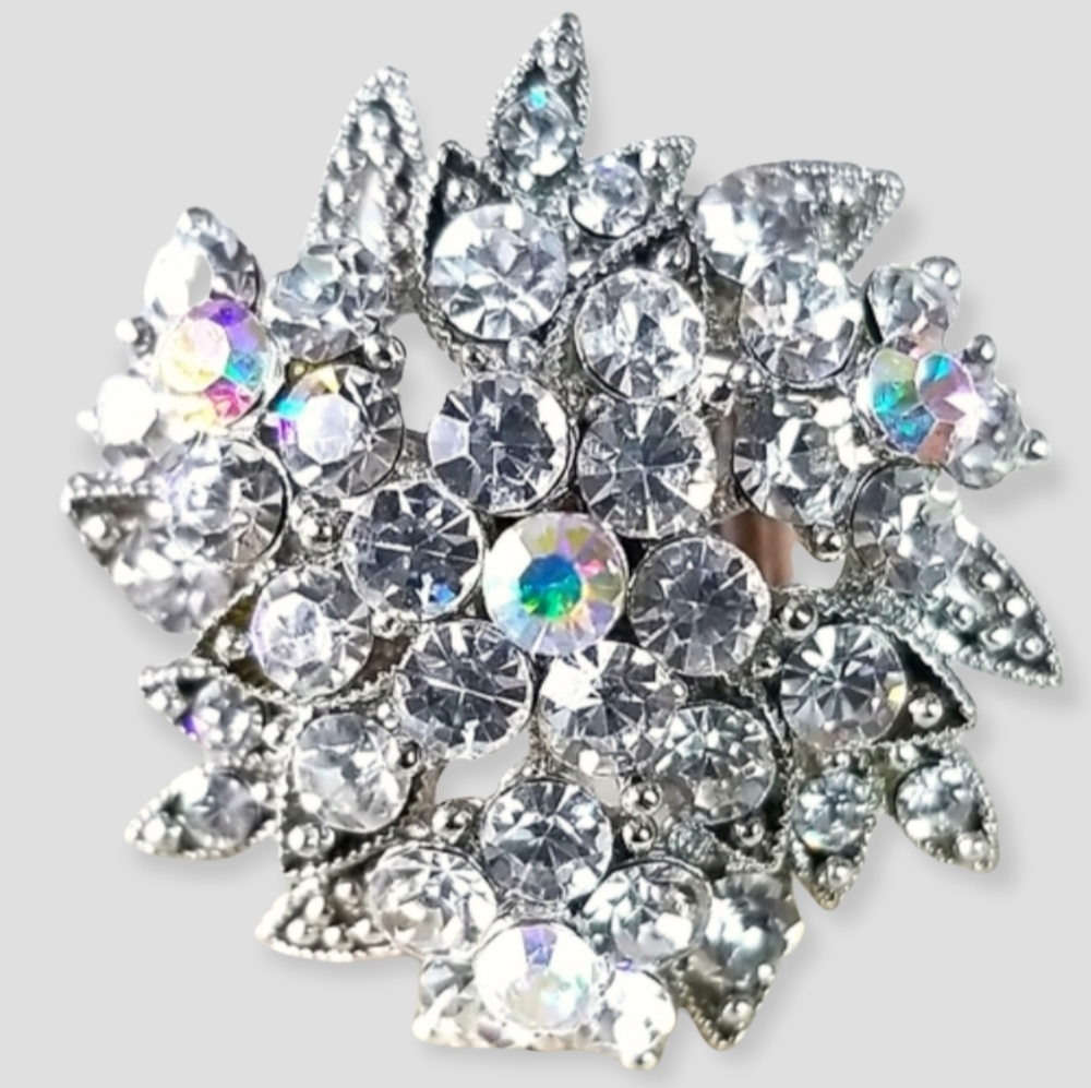 Crystal Cocktail Ring Silver Tone Adjustable
